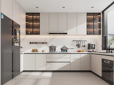 Modern Kitchen Interior With White Cabinets Marble Countertop Glass Door Upper Cabinets And Appliances 3d model