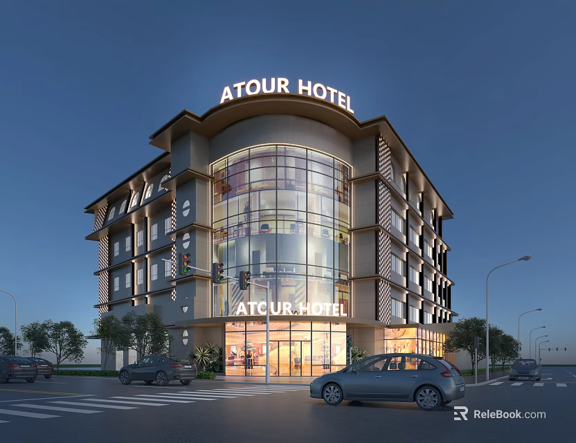 ATOUR HOTEL Commercial Complex Modern Glass Facade Evening Street View With Cars And Urban Lights 3d model 