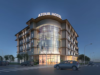 ATOUR HOTEL Commercial Complex Modern Glass Facade Evening Street View With Cars And Urban Lights 3d model