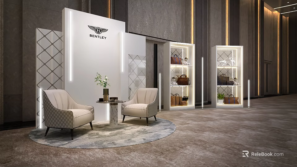 Bentley Interactive Area With Modern Design Display Shelves Armchairs And Coffee Table 3d model 