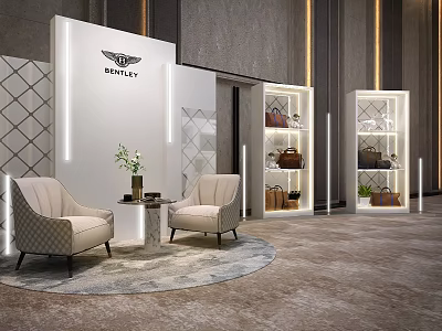 Bentley Interactive Area With Modern Design Display Shelves Armchairs And Coffee Table 3d model