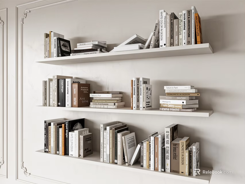 Built In White Bookshelves Filled With Various Books Magazines Stacked Horizontally Vertically On White Wall 3d model 