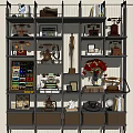 Modern Decorative Cabinet With Vintage Telephones Books Photo Frames And Red Flowers