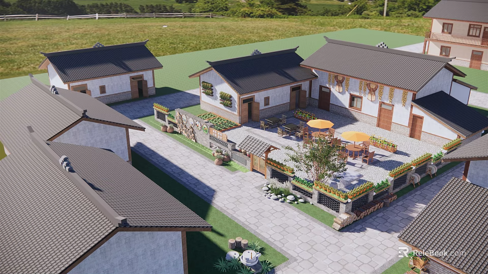 Traditional Rural Self Built House With Courtyard Green Plants And Outdoor Seating 3d model 