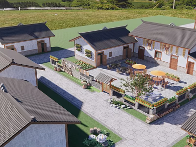 Traditional Rural Self Built House With Courtyard Green Plants And Outdoor Seating 3d model
