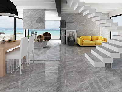 Modern Dining and Living Room Open Concept With Yellow Sofa Marble Flooring And Sea View 3d model