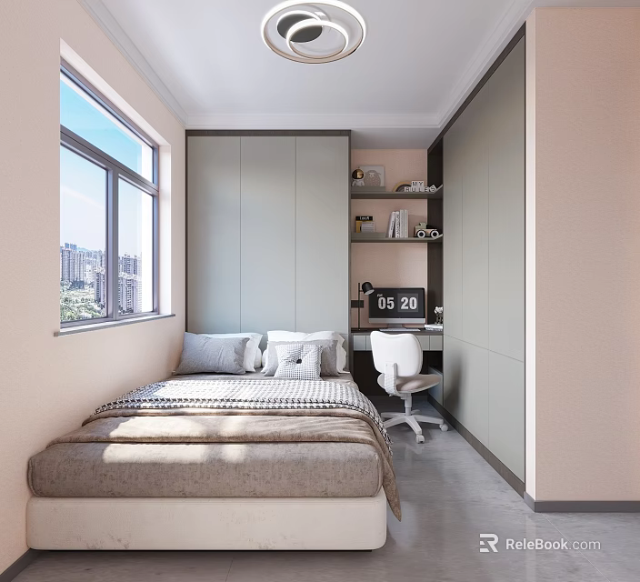 Modern Tatami Bedroom Interior Design With Bed Desk Chair And Storage Cabinets 3d model 