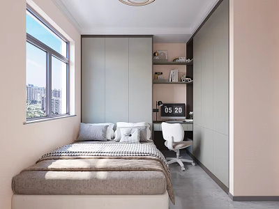 Modern Tatami Bedroom Interior Design With Bed Desk Chair And Storage Cabinets 3d model