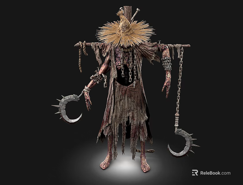 Man Dressed in Tattered Clothing With Straw Decoration Holding Scythe And Chain Hook 3d model 