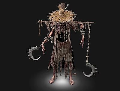 Man Dressed in Tattered Clothing With Straw Decoration Holding Scythe And Chain Hook 3d model