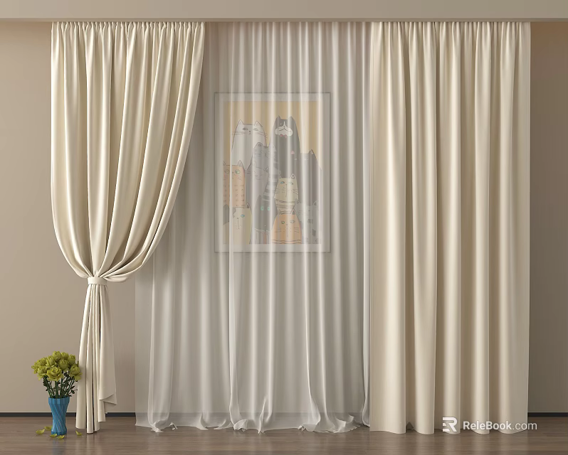 Elegant Cream Colored Layered Curtains With Sheer Voile Hanging By Window 3d model 