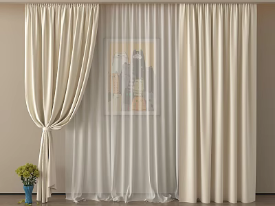 Elegant Cream Colored Layered Curtains With Sheer Voile Hanging By Window 3d model