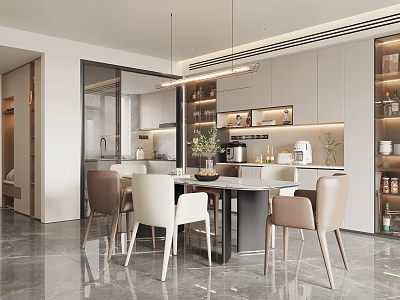 Modern Open Restaurant Interior Design With Dining Table Chairs Pendant Lights And Green Plants 3d model