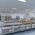 Commercial Kitchen Interior With Stainless Steel Worktables Tile Flooring Ceiling Lights And Windows 3d model