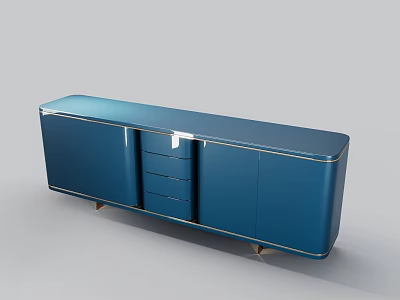Modern Blue Glossy TV Stand With Drawers Cabinets And Metal Trim Design 3d model