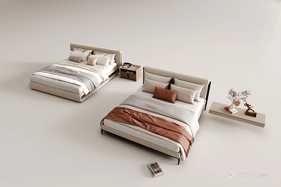 Cozy Double Bed with Beige Headboard Brown Bedspread Nightstand Small Table Vase Decorations and Book 3d model 