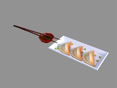 Delicious Dumplings on White Plate with Chopsticks Red Small Dish and Green Garnish 3d model