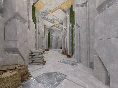 Stone Corridor Interior With Geometric Walls Green Plants Woven Baskets And Sacks 3d model