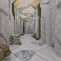 Stone Corridor Interior With Geometric Walls Green Plants Woven Baskets And Sacks