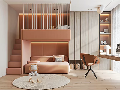 Kids Room Interior With Loft Bed Sofa Toys Wooden Floor Desk And Shelves 3d model
