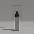 Golden Buddha Sculpture Displayed On Black Pedestal With Textured Background Panel