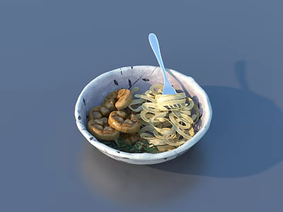 Delicious Noodles With Shrimp In Patterned Bowl And Silver Spoon 3d model