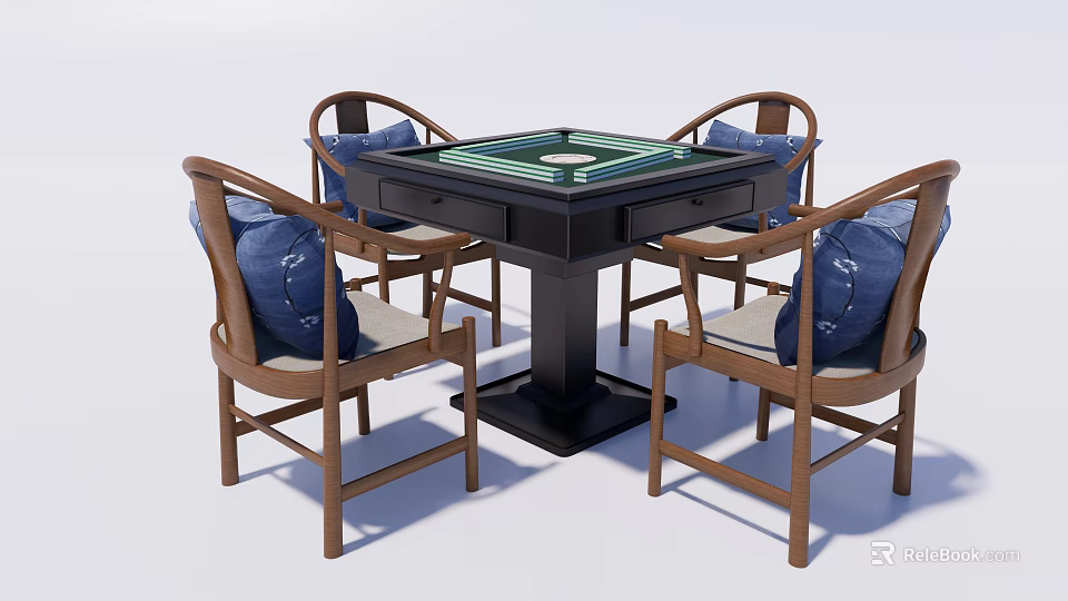 Wooden Entertainment Table with Green Tabletop and Four Blue Cushioned Chairs 3d model 