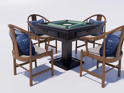 Wooden Entertainment Table with Green Tabletop and Four Blue Cushioned Chairs 3d model