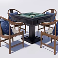 Wooden Entertainment Table with Green Tabletop and Four Blue Cushioned Chairs