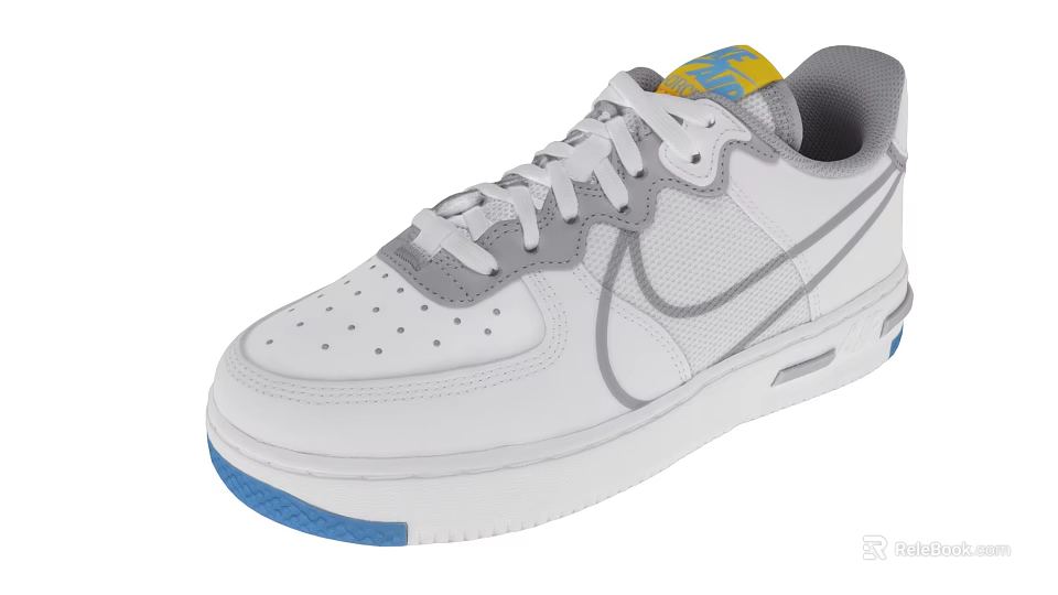 White Casual Sneakers with Gray Accents Perforated Upper Blue Sole and Yellow Label 3d model 
