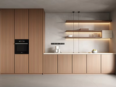 Modern Wooden Sideboard in Kitchen with Gray Wall Lit Shelves Coffee Machine and Fruits 3d model