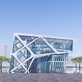 Modern Sales Office Building With Glass Curtain Wall And Geometric Structure Reflection On Water Surface 3d model