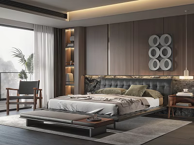 Modern Bedroom Interior Design With Dark Wood Walls Marble Headboard And Round Decor 3d model