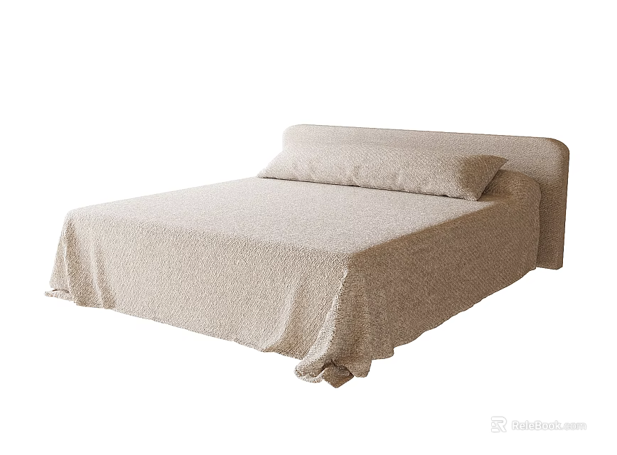 Simple Beige Double Bed With Soft Bed Sheet And Single Pillow 3d model 
