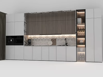 Modern Kitchen Interior Featuring White And Wooden Cabinets With Patterned Backsplash And Appliances 3d model