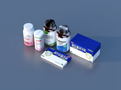 Essential Daily Life Medication Supplies With Various Bottles And Packaged Boxes 3d model
