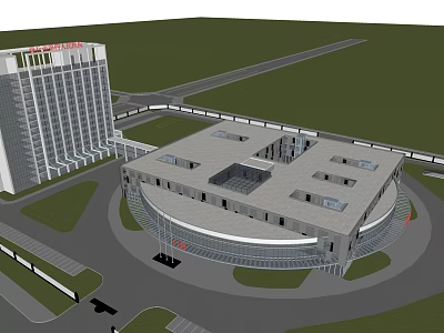 Modern Architecture Complex With High Rise Building Circular Low Rise Structure Road Green Space Parking 3d model