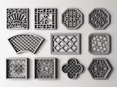 A Set Of Traditional Chinese Openwork Windows With Various Patterns And Shapes 3d model