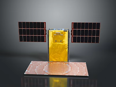 Satellite Equipment With Yellow Main Body And Black Solar Panels On Red Platform 3d model