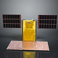 Satellite Equipment With Yellow Main Body And Black Solar Panels On Red Platform