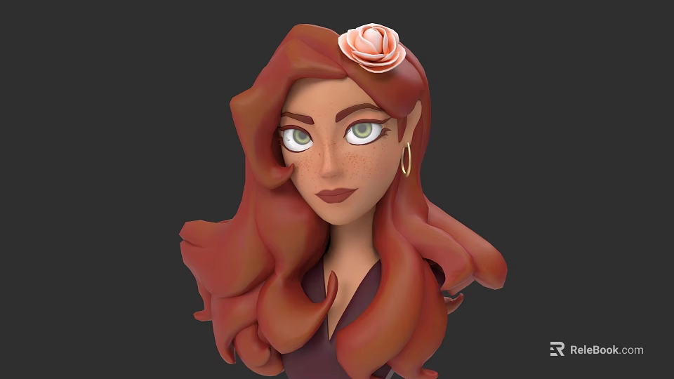 Cartoon Woman with Long Reddish Brown Hair Pink Rose Green Eyes Freckles and Golden Earrings 3d model 