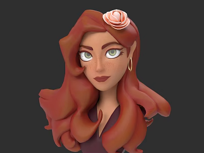Cartoon Woman with Long Reddish Brown Hair Pink Rose Green Eyes Freckles and Golden Earrings 3d model