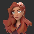 Cartoon Woman with Long Reddish Brown Hair Pink Rose Green Eyes Freckles and Golden Earrings