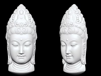 Two White Buddha Head Sculptures with Intricate Carved Crown and Serene Facial Features 3d model