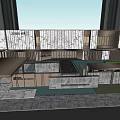 Modern Building Entrance With Wooden Canopy Stone Wall Metal Gate And Dark Stone Floor