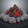 Bonfire Setup With Circular Stone Surround Burning Logs Red Flames And Ember