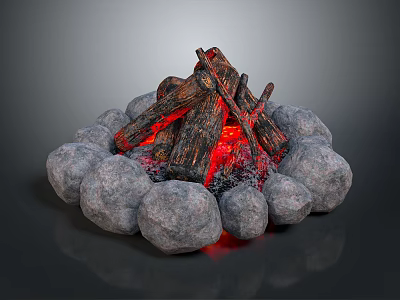 Bonfire Setup With Circular Stone Surround Burning Logs Red Flames And Ember 3d model