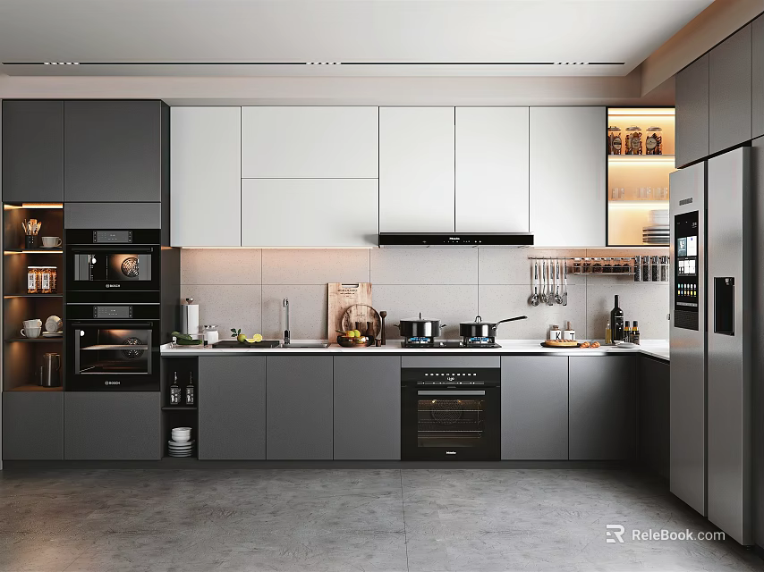 Modern Kitchen Interior Design With Gray White Cabinets Island And Appliances 3d model 