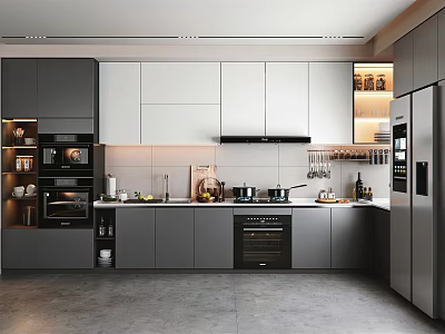Modern Kitchen Interior Design With Gray White Cabinets Island And Appliances 3d model