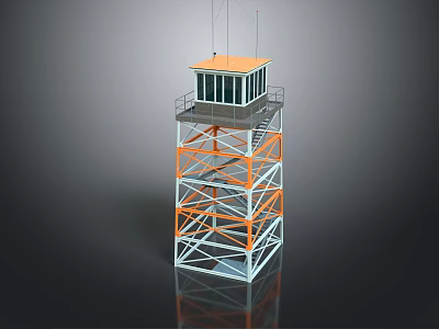 Metal Observation Tower Structure With Orange White Frame And Antennas On Top 3d model